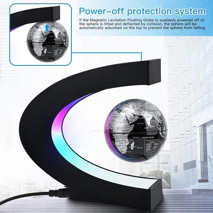 eWINNER Magnetic Levitation Floating World Map Globe with LED Light Cool Gadgets Decor Fixture Floating Globes & Shade/Antigravity Cool Tech Gifts for Home Office Desk Decoration & Teaching (Black)