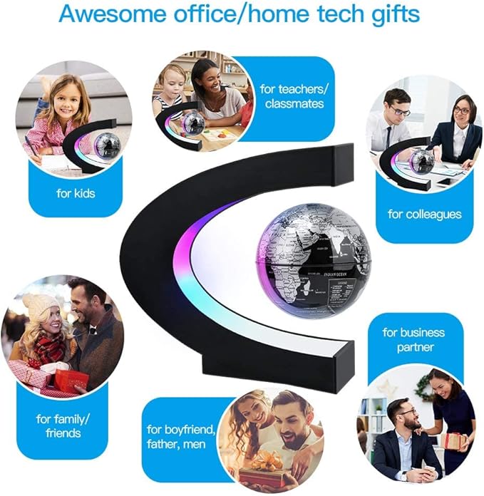 eWINNER Magnetic Levitation Floating World Map Globe with LED Light Cool Gadgets Decor Fixture Floating Globes & Shade/Antigravity Cool Tech Gifts for Home Office Desk Decoration & Teaching (Black)