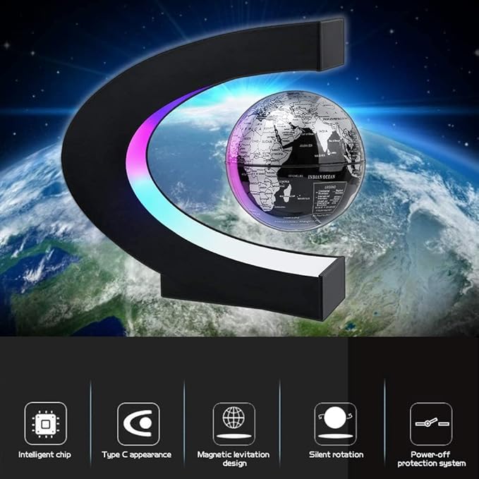 eWINNER Magnetic Levitation Floating World Map Globe with LED Light Cool Gadgets Decor Fixture Floating Globes & Shade/Antigravity Cool Tech Gifts for Home Office Desk Decoration & Teaching (Black)